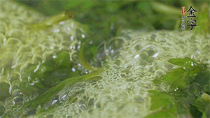 艾草葉放入煮沸的水中，加點(diǎn)食用堿，待變成深綠色時(shí)撈出，放入冰水中，瀝干備用。